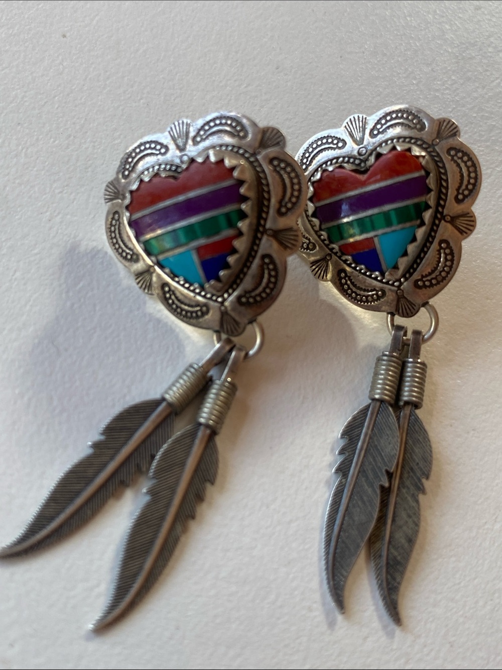 Heart Inlay Feather Drop Earrings - Multicolor Sterling Silver
